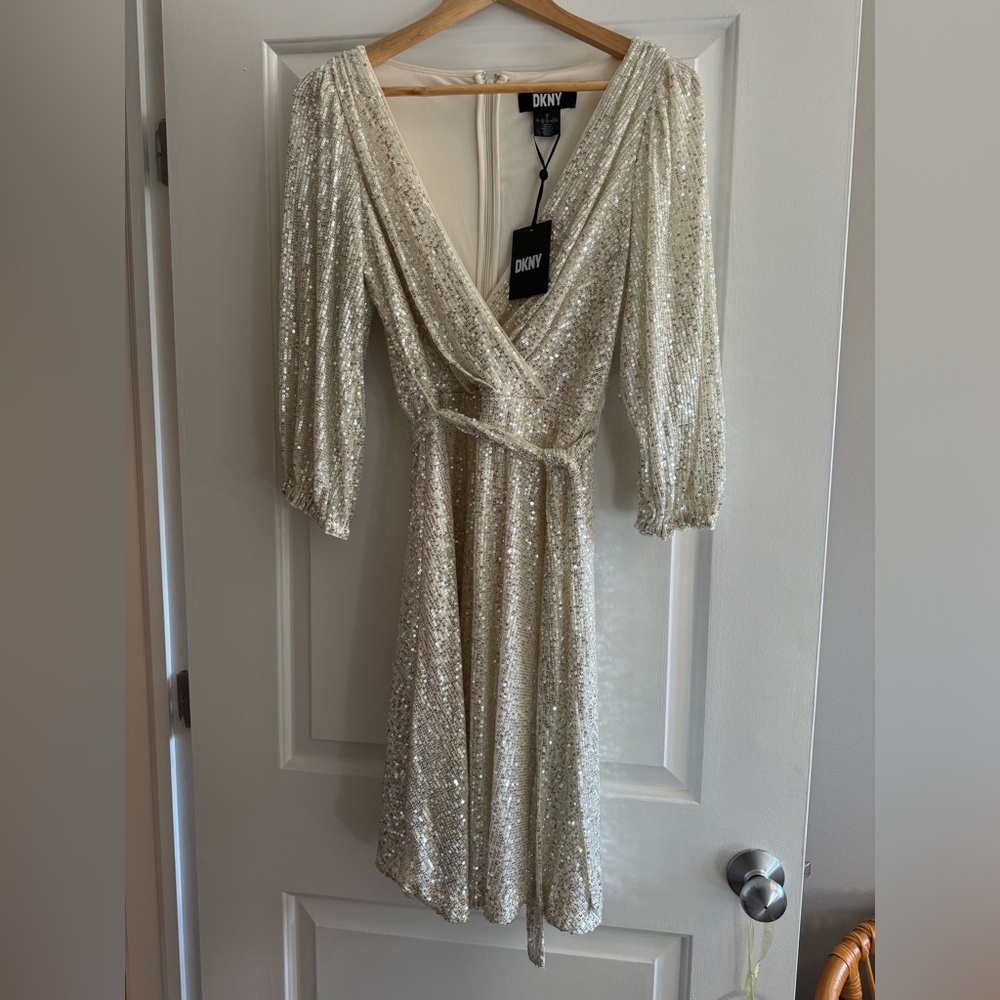 NEW WITH TAGS DKNY champagne sequin faux wrap cocktail dress holiday party